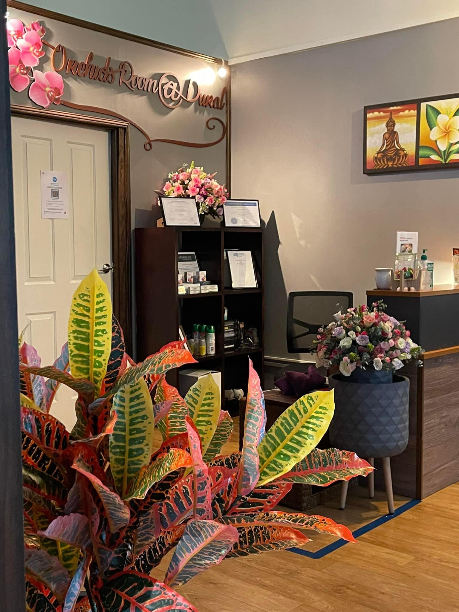 Reception area with tropical plants